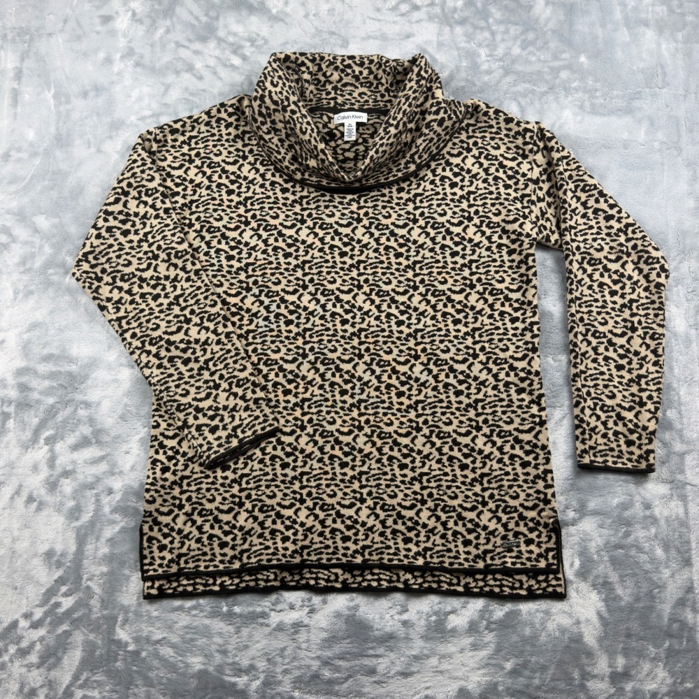 Calvin Klein Womens Cowl Neck Leopard Print Sweater Tan Black Size M